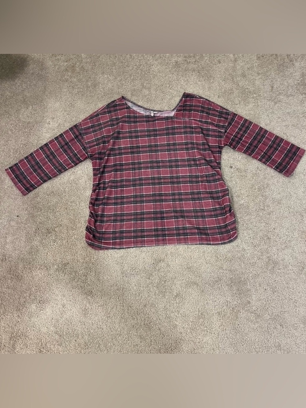 Cato Plaid 3/4 Sleeve Top with Cinched Sides